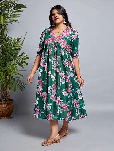 globus Globus Gloplus Women V-Neck Puff Sleeves Floral Print Lace Detailing A-Line Plus Size Midi Dress