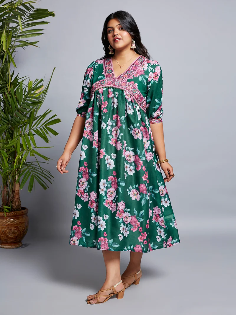 globus Globus Gloplus Women V-Neck Puff Sleeves Floral Print Lace Detailing A-Line Plus Size Midi Dress