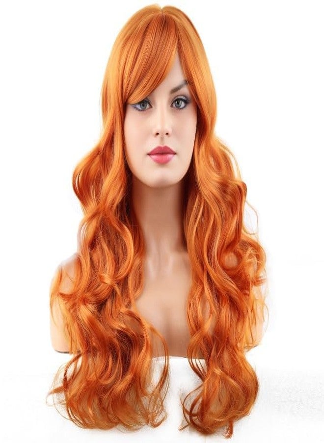 RightOn Orange Wig Long Curly Orange Wig with Bangs for Women Daily Party Hairnet Include - Image 1