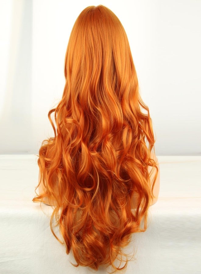 RightOn Orange Wig Long Curly Orange Wig with Bangs for Women Daily Party Hairnet Include - Image 4