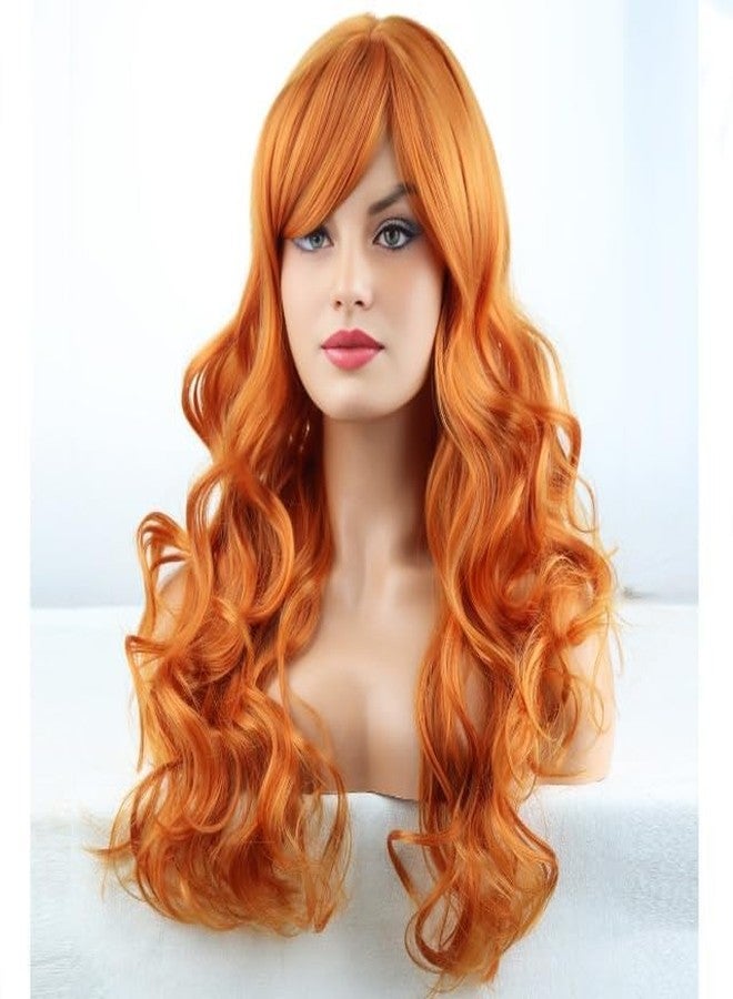 RightOn Orange Wig Long Curly Orange Wig with Bangs for Women Daily Party Hairnet Include - Image 2