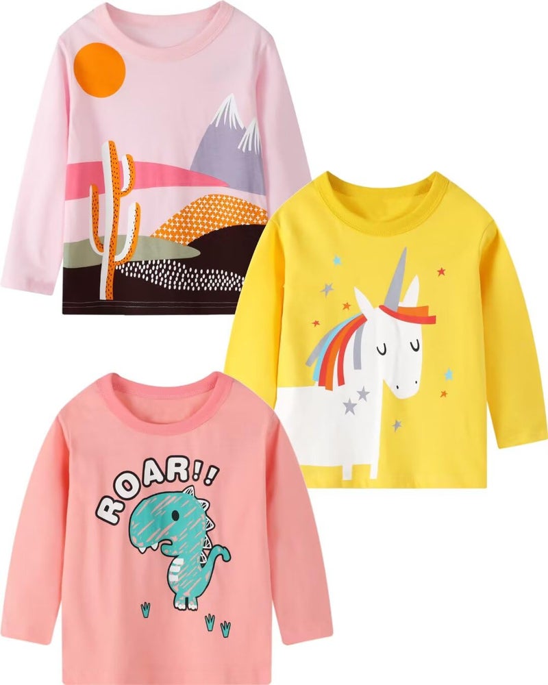 MSSMART Toddler Girls Fall Shirt Long Sleeve Graphic Clothes Kids Cotton Dinosaur Unicorn Tops 3 Pieces Size 2T, Gtcx2303, 2-3 Years - Image 1