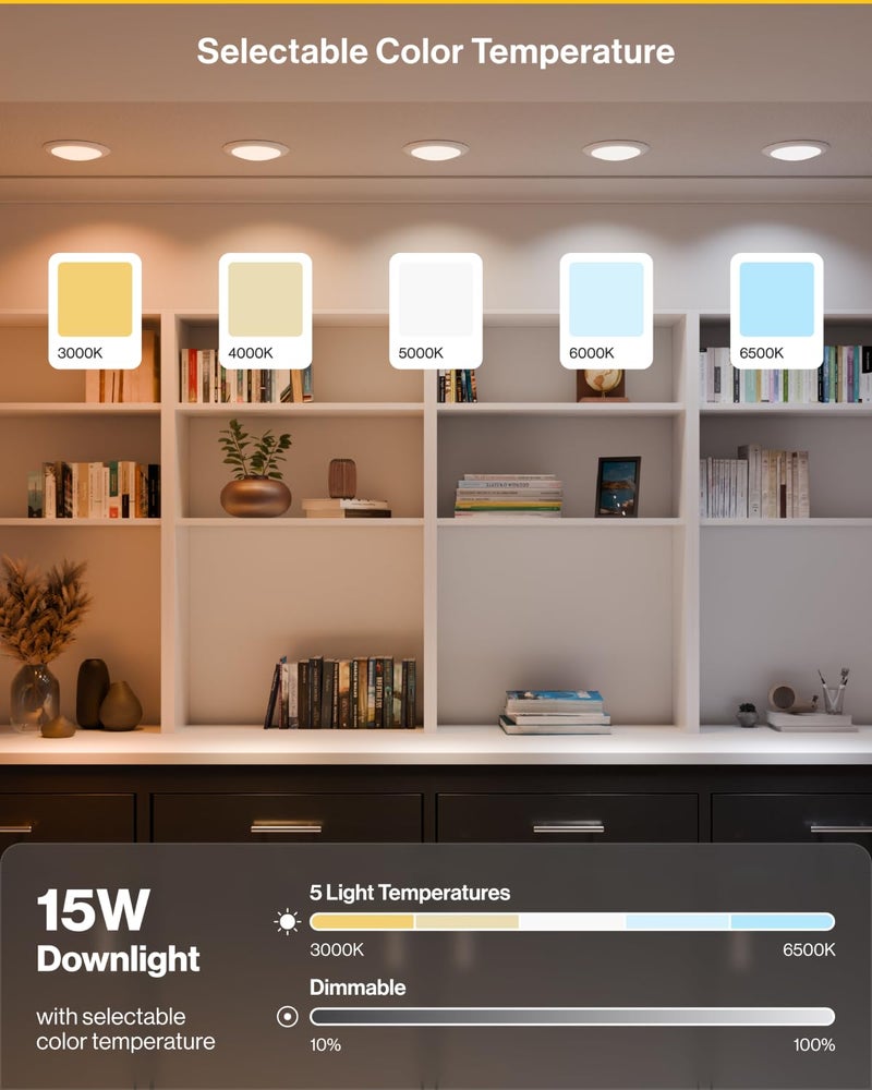 Sunco Lighting Sunco 24 Pack LED Disc Lights Ceiling 6 Inch, Flush Mount Disk Light, Recessed Can Lighting, 1050 LM, 15W (75W Equivalent), Selectable CCT 3000K/4000K/5000K/6000K/6500K, Dimmable, Damp Rated ETL - Image 3