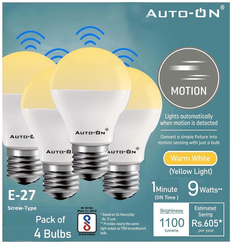 Auto-ON AutoON Motion Sensor LED Bulb With Screw Type E27 9W Automatic ONOFF Works both during DayNight Only Motion Sensong One Year Warranty Yellow Screw Pack of 4  - Image 1