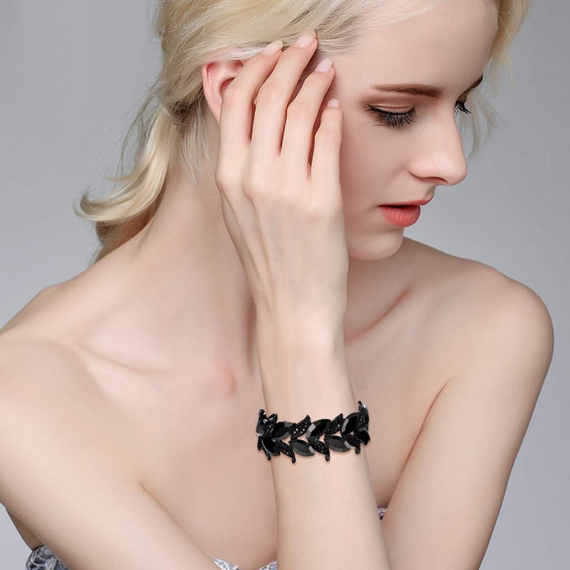 BriLove Wedding Bridal Bracelet for Women Bride Marquise-Shape Leaf Stretch Bangle for Party Prom Black Black-Tone - Image 2