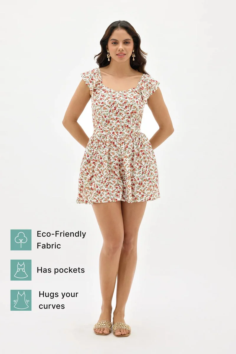 فيرجيو Viscose Floral Vacation Playsuit With Pockets for Women