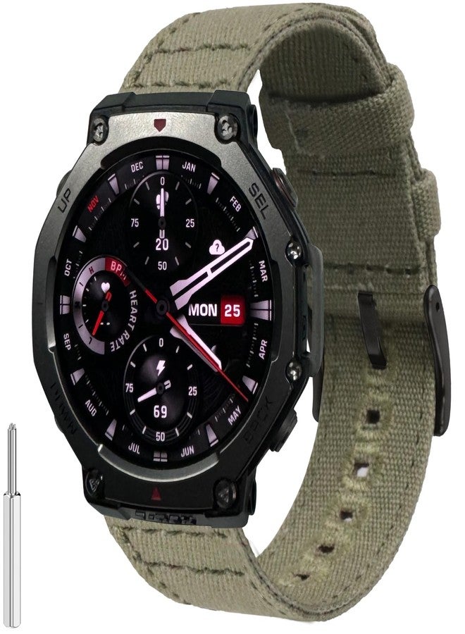 Lijinlan Canvas Band Fit for Amazfit T-rex 3 A2322, Men Stylish Replacement Cotton Strap Watchband Wristband for T-rex3 (ArmyGreen) - Image 1