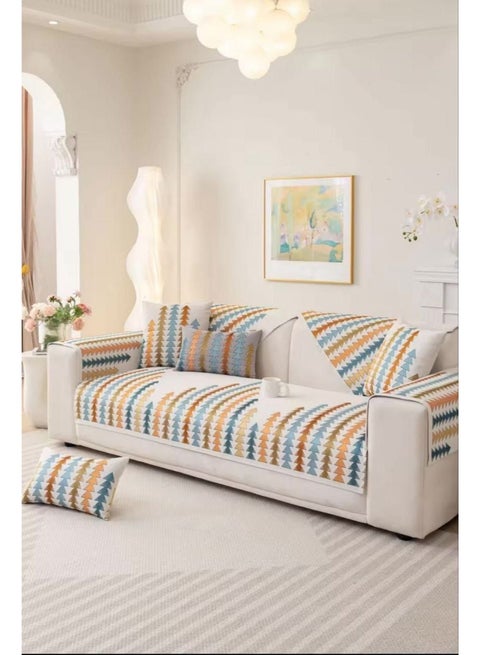 10-piece sofa cover set, geometric tree pattern, blue, orange, and brown