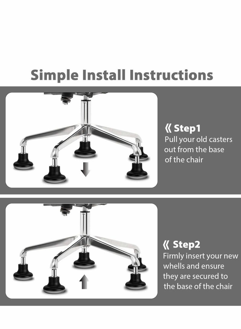 Excefore Bell Glides Replacement Office Chair Wheels, 5Pcs Stopper Swivel Caster 35mm High Profile Stool with Separate Self Adhesive Felt Pads, Black - Image 5
