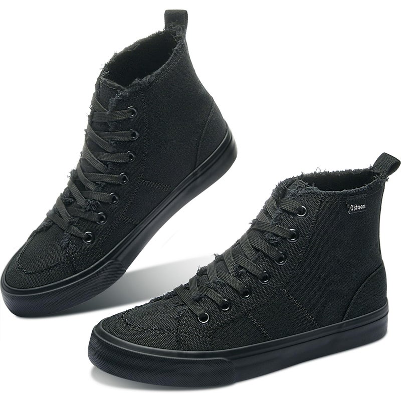 Obtaom Womens High Top Canvas Sneakers Play Mid Fashion Sneaker Casual Lace up Canvas Shoes(Black/Black,5 Women/4.5 Men) - Image 1
