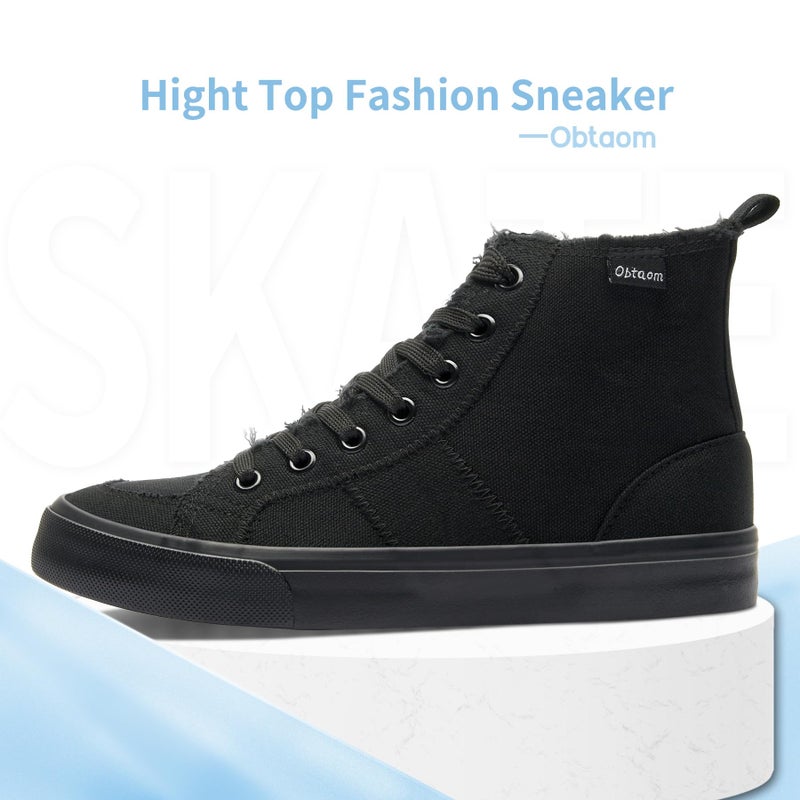 Obtaom Womens High Top Canvas Sneakers Play Mid Fashion Sneaker Casual Lace up Canvas Shoes(Black/Black,5 Women/4.5 Men) - Image 2
