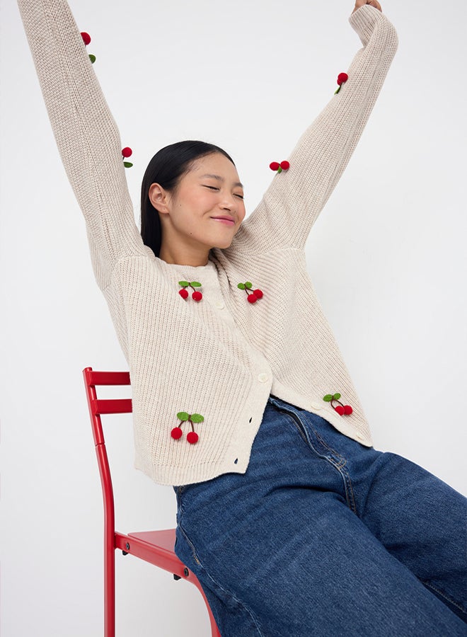 trendyol Teen Stone Fruit Embroidered Soft Textured Knitwear Cardigan - Image 1