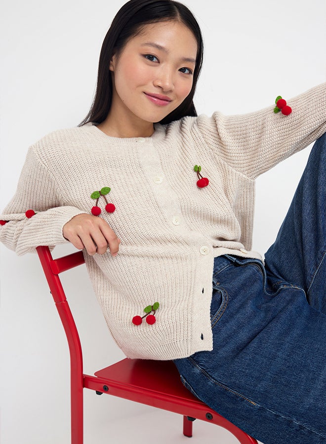 trendyol Teen Stone Fruit Embroidered Soft Textured Knitwear Cardigan - Image 2