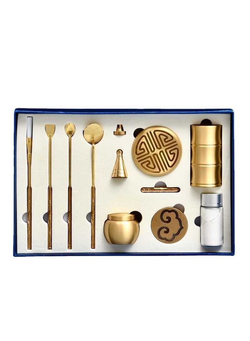 واي آند دي 11 Pcs/Set Brass Incense Making Kit Mold Tool, DIY Backflow Tower Cone Molds,Spoon, Press, Shovel, Brush, Bottle Ideal for Yoga Meditation Home Fragrance - Image 1