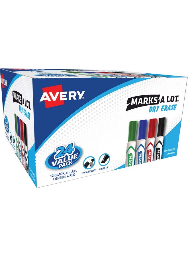 ماركس-أ-لوت مجموعة أقلام تحديد قابلة للمسح الجاف من Avery Marks A Lot، أقلام تحديد للسبورة البيضاء بطرف مشطوف، 24 لونًا متنوعًا (98188) - Image 1