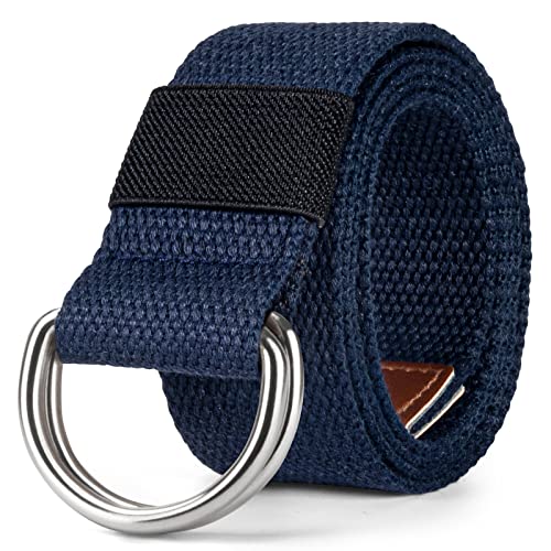 maikun Canvas Web Belt Silver Double D-ring Buckle 1 1/2 Inch Wide, Cloth Dark Blue for Men, Length 120cm - Image 1