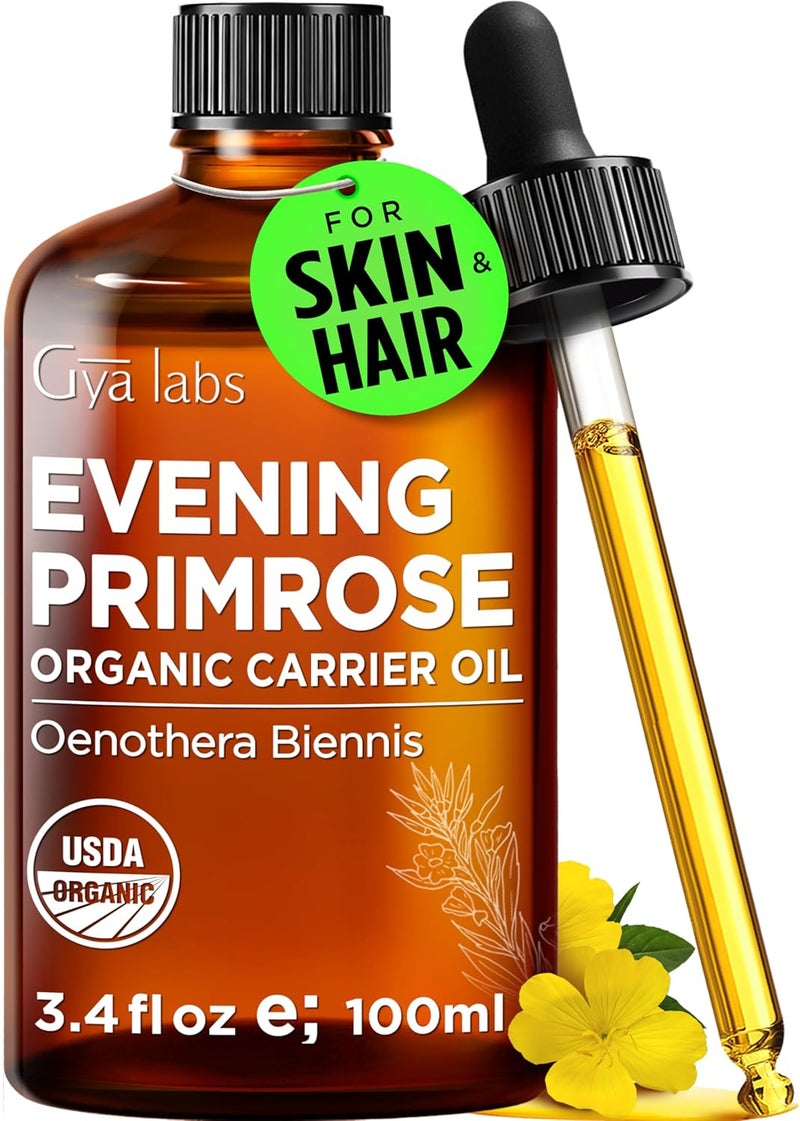 Gya Labs USDA Organic Evening Primrose Oil - 3.4 Fl Oz - Carrier Oil for Hair, Skin, Face, Scalp & Body Massage - Image 1