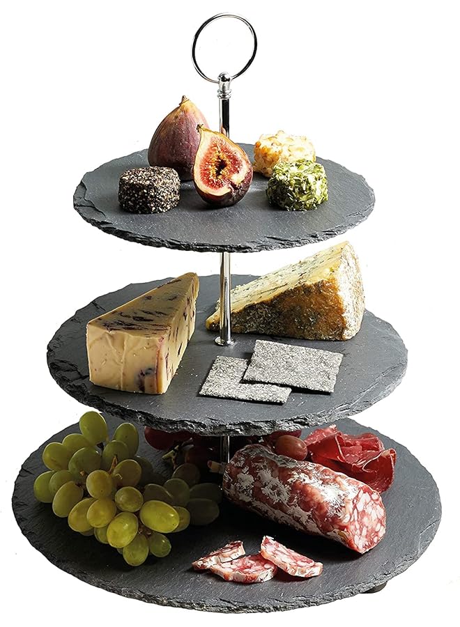 1Chase Natural Black Stone 3 Tier Round Slate Cake Stand With Chrome Carry Loop, Dessert Serving Stand Perfect For Afternoon Tea Wedding Plates Party Tableware Display - Image 5