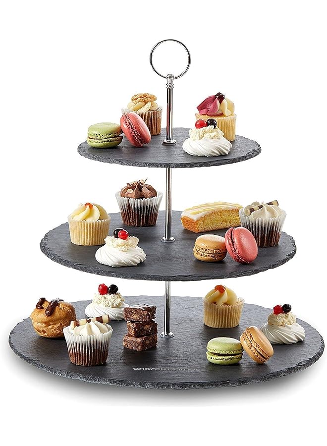 1Chase Natural Black Stone 3 Tier Round Slate Cake Stand With Chrome Carry Loop, Dessert Serving Stand Perfect For Afternoon Tea Wedding Plates Party Tableware Display - Image 1