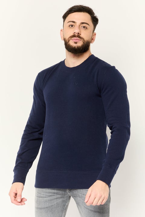 Men Crew Neck Embroidered Logo Long Sleeves Sweatshirt, Dark Navy