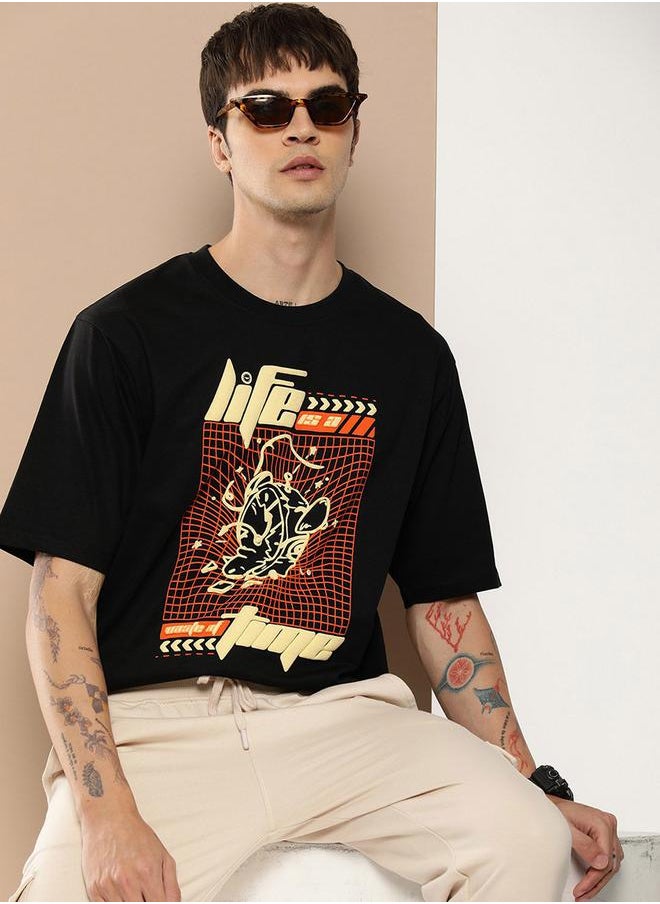 Difference of Opinion Oversized Embossed Print Round Neck T-Shirt by Styli  - Image 1