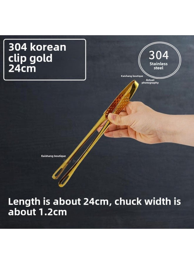 Thickened Stainless Steel Food Tongs Bread Tongs Barbecue Tongs Buffet Tongs Lotus Tongs Steak Tongs Barbecue Supplies-Color:Gold-304 Barbecue Clip 24CM  - Image 1