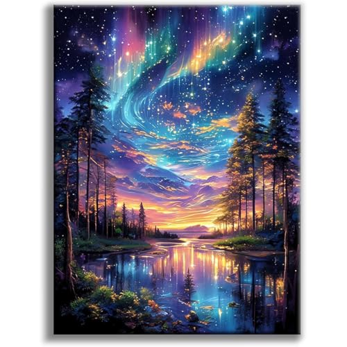 Tiwabb Starry Night Stamped Cross Stitch Kits for Adults - Lake Tree Embroidery Kits for Beginners Adults,11 CT Patterns Dimensions Counted Cross Stitch Kits for Adults Arts Craft 12x16 inch - Image 1