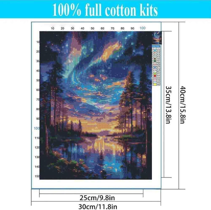 Tiwabb Starry Night Stamped Cross Stitch Kits for Adults - Lake Tree Embroidery Kits for Beginners Adults,11 CT Patterns Dimensions Counted Cross Stitch Kits for Adults Arts Craft 12x16 inch - Image 5