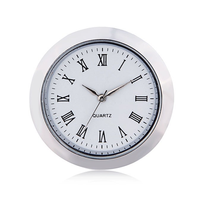 MINI CLOCK INSERT 1 716 35MM QUARTZ MOVEMENT MINIATURE CLOCK FACE INSERT SMALL ROUND FIT UP WHITE FACE SILVER TONE BEZEL ROMAN NUMERALS CK097SL