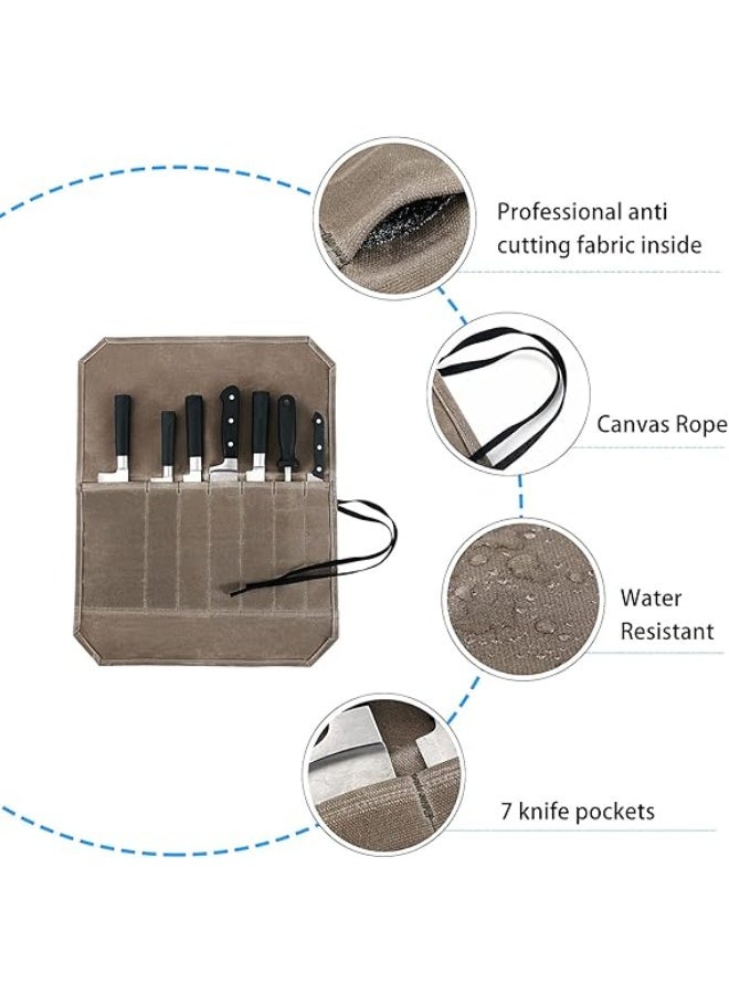 Waxed Canvas Chef Knife Roll Bag Heavy Duty Storage Knife Cutlery Tool Case with 7Slots Wrapping Strap - Image 4