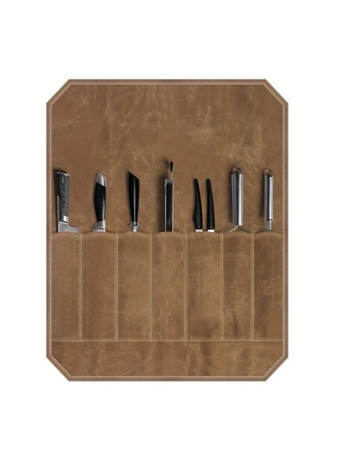 Waxed Canvas Chef Knife Roll Bag Heavy Duty Storage Knife Cutlery Tool Case with 7Slots Wrapping Strap - Image 2