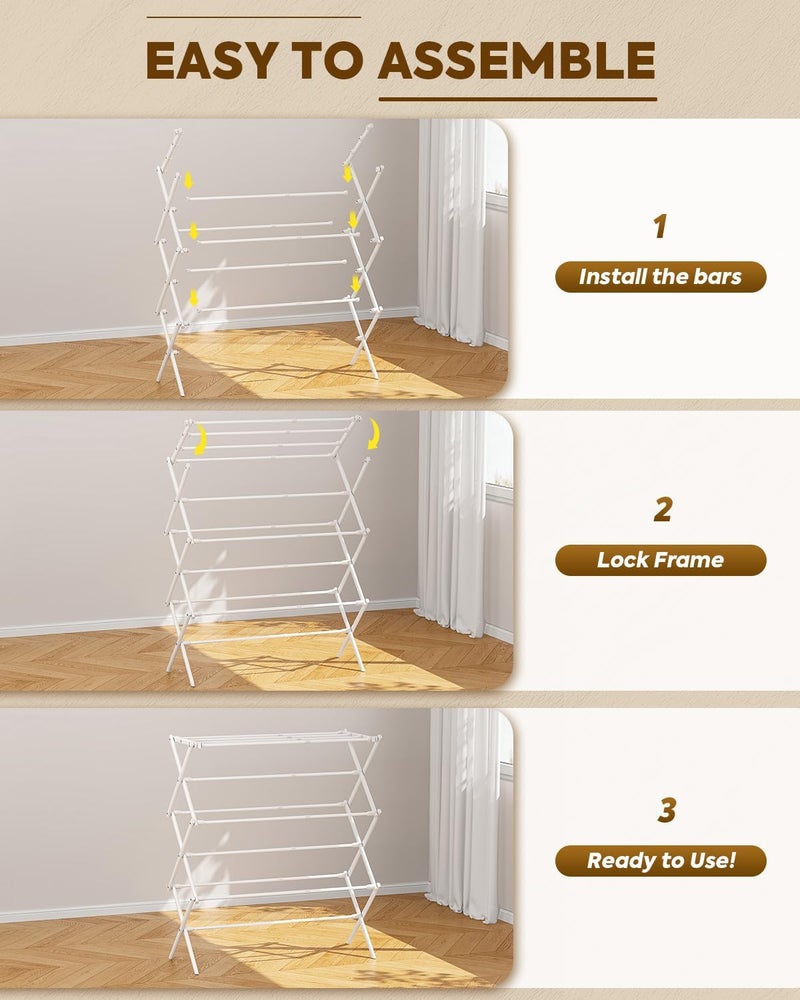 KINGBOARD Clothes Drying Rack, Collapsible Drying Rack Clothing with 11 Poles, 3-Tier Laundry Drying Rack, Small Clothes Drying Rack Foldable for Baby Clothes Sock Towel, 25lb Capacity, White - Image 5