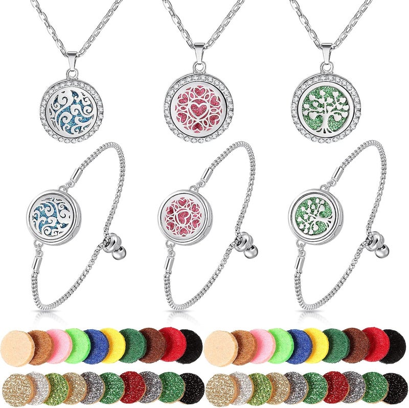 Mtlee MTLEE 46 Pieces Essential Oil Diffuser Necklace Bracelet Set for Women Adjustable Aromatherapy Bracelet Refill Pads Jewelry(Cute Style) 