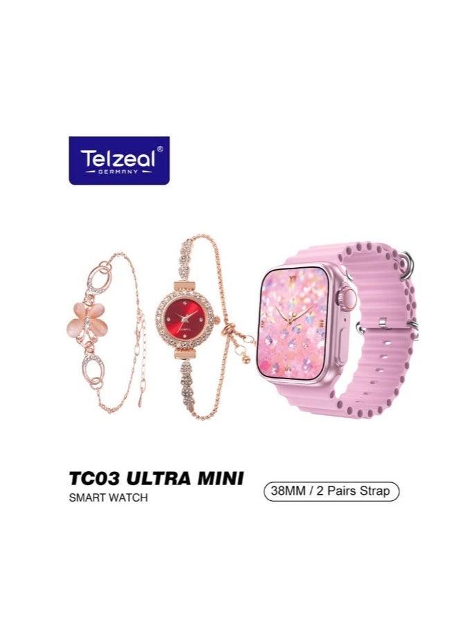 Telzeal ⌚ TC03 Ultra Mini 38mm HD Display Smart Watch with 2 Pair Straps, Analog Watch & Bracelet Combo – Stylish Pink Smartwatch for Ladies, Fitness & Fashion in One  - Image 2