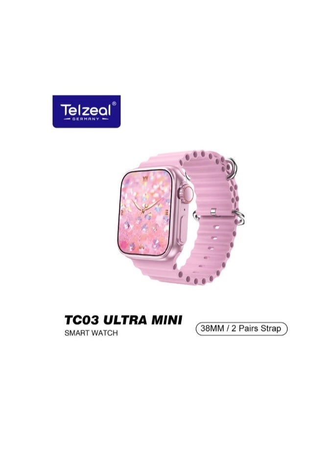 Telzeal ⌚ TC03 Ultra Mini 38mm HD Display Smart Watch with 2 Pair Straps, Analog Watch & Bracelet Combo – Stylish Pink Smartwatch for Ladies, Fitness & Fashion in One  - Image 1