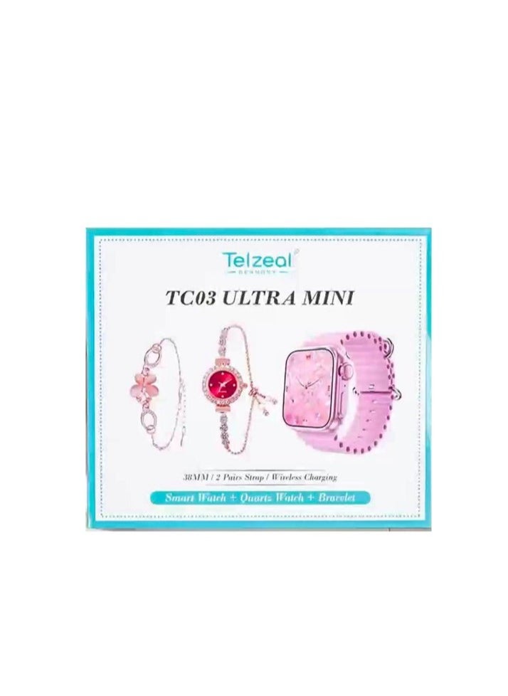 Telzeal ⌚ TC03 Ultra Mini 38mm HD Display Smart Watch with 2 Pair Straps, Analog Watch & Bracelet Combo – Stylish Pink Smartwatch for Ladies, Fitness & Fashion in One  - Image 3