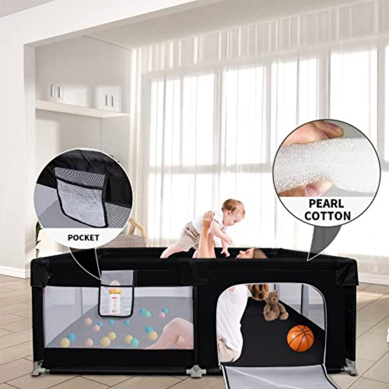 OUUTMEE Baby Playpen 150×180cm Large Baby Playard with Anti-Slip Base and Gate for Toddlers Infants Baby Fence Activity Centre Play Yard Sturdy Safety Play Yard with Soft Breathable Mesh, Black - Image 2