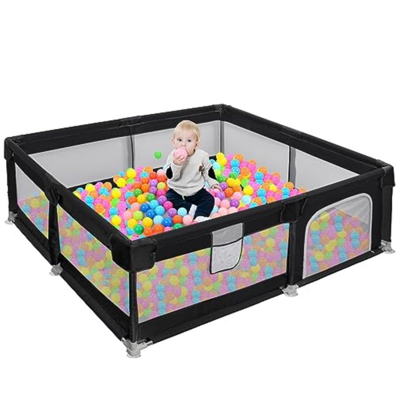 OUUTMEE Baby Playpen 150×180cm Large Baby Playard with Anti-Slip Base and Gate for Toddlers Infants Baby Fence Activity Centre Play Yard Sturdy Safety Play Yard with Soft Breathable Mesh, Black - Image 1