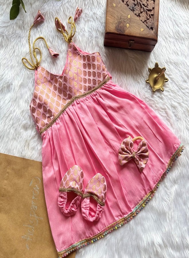 Picksparrow Silk Baby Girl Traditional Dress & Outfit/Ethnic Wear With Headband And Booties (In, Age, 0 Months, 3 Months, Light Pink), Printed - Image 4