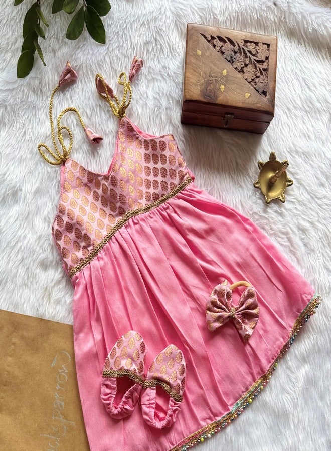 Picksparrow Silk Baby Girl Traditional Dress & Outfit/Ethnic Wear With Headband And Booties (In, Age, 0 Months, 3 Months, Light Pink), Printed - Image 2