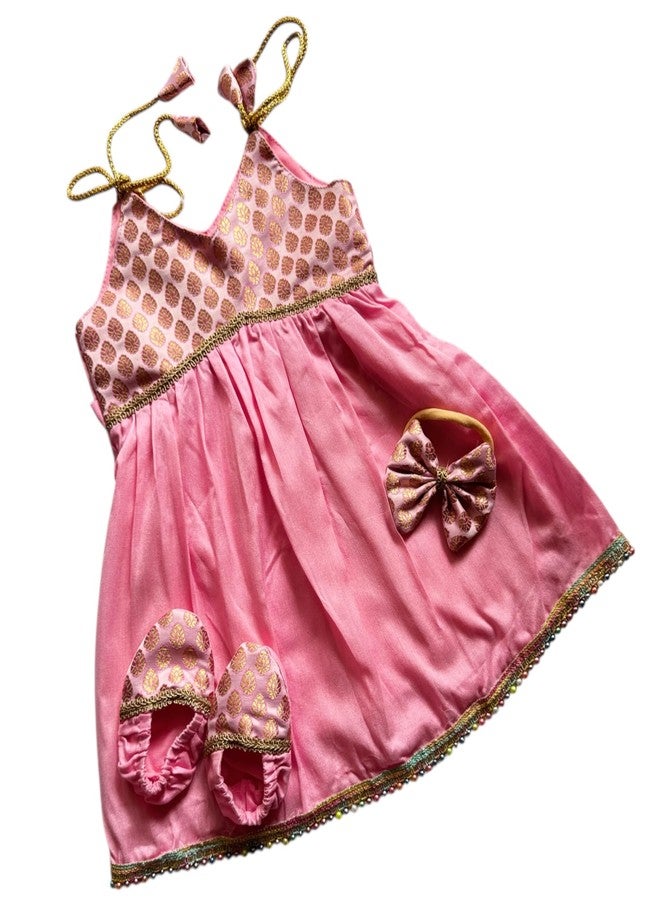 Picksparrow Silk Baby Girl Traditional Dress & Outfit/Ethnic Wear With Headband And Booties (In, Age, 0 Months, 3 Months, Light Pink), Printed - Image 1