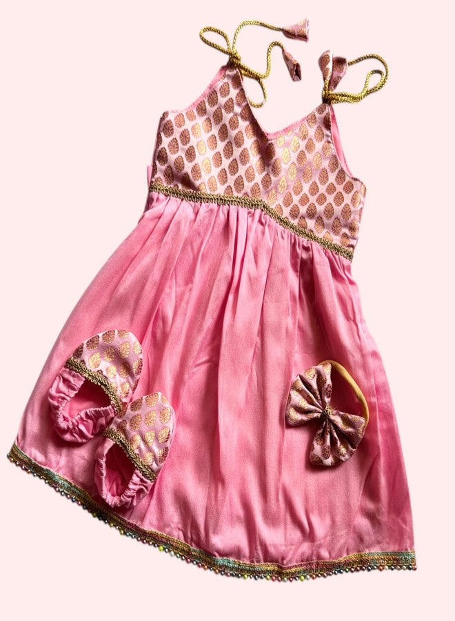 Picksparrow Silk Baby Girl Traditional Dress & Outfit/Ethnic Wear With Headband And Booties (In, Age, 0 Months, 3 Months, Light Pink), Printed - Image 3