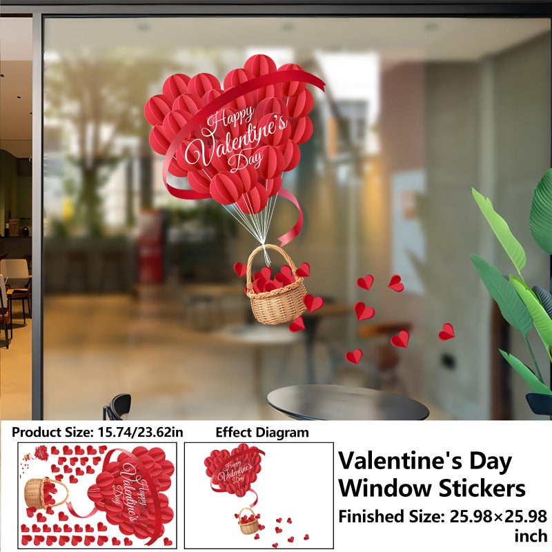 GRITOSE 1 Sheet Valentines Window Cling Valentine's Day Windows Glass Decoration 3D Red Love Heart Window Stickers Valentines Window Decals Double-Sided Stickers for Wedding Anniversary Party Store Glass - Image 5