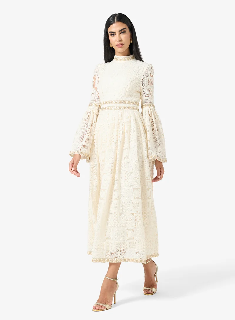Khizana Lace A-line Dress With Flare Sleeves