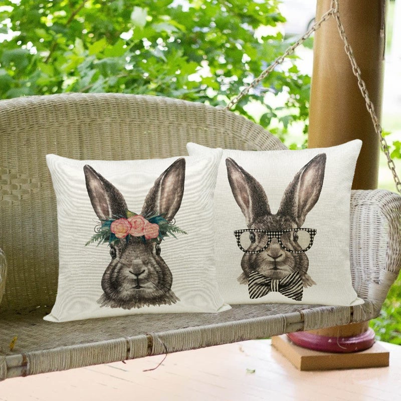 Hlonon Easter Decorations Throw Pillow Cover Set of 2 Farmhouse Decorative Pillows Rabbits Home DÃ©cor Rustic for Spring Easter (18 x 18 in) - Image 5