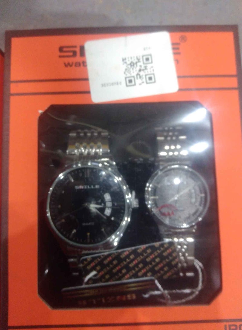 مجموعة ساعة للزوجين بحزام من الفولاذ المقاوم للصدأ، ساعة بقرص دائري، ساعة تقويم مقاومة للماء هدية للرجال والنساء - Image 2