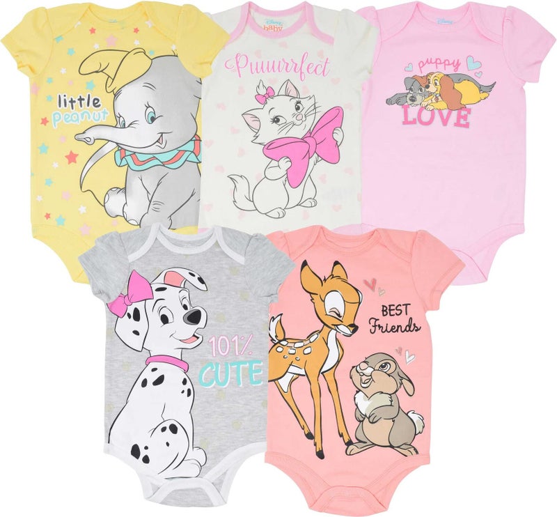 Disney Classics 101 Dalmatians Bambi Dumbo Aristocats Baby Girls 5 Pack Bodysuit 0-3 Months - Image 1