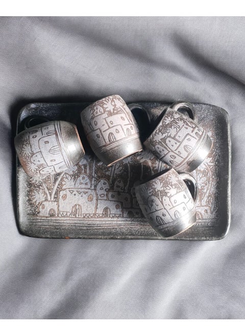 Unique Pottery Tray with 4 Mugs - Hand-Engraved and Painted | Microwave and Oven Safe | Distinctive Decorative and Serving Piece (22x35 cm)