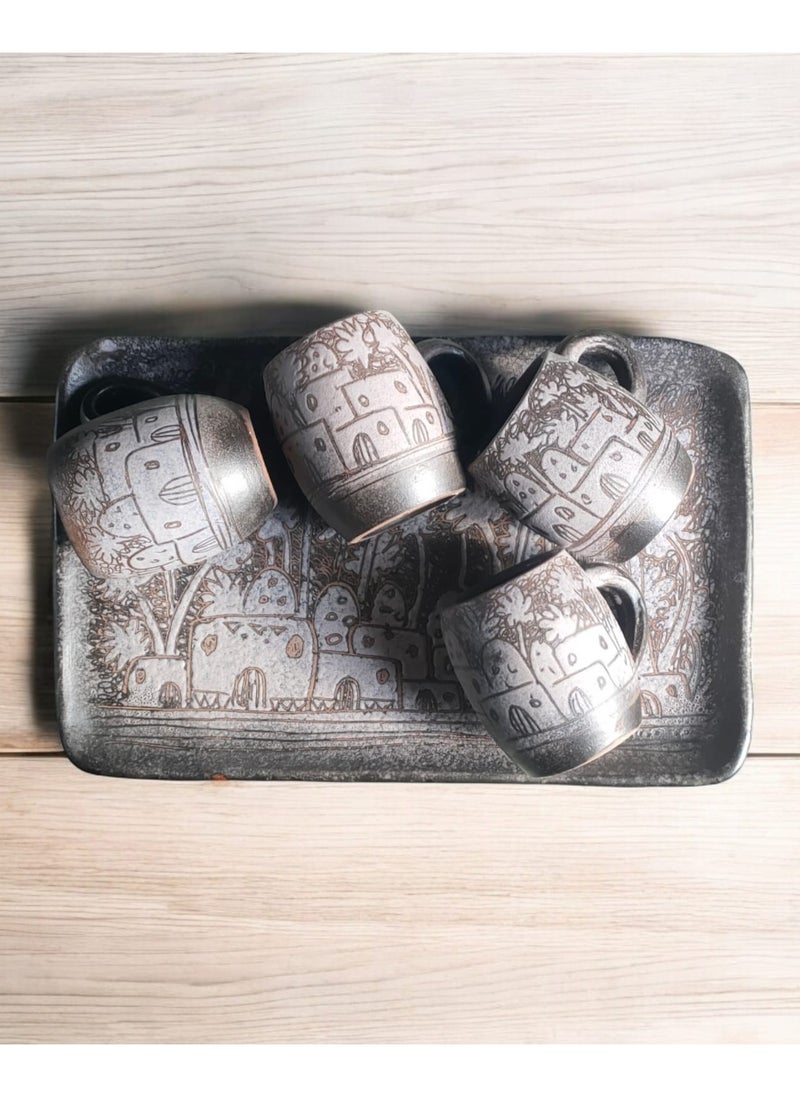 Unique Pottery Tray with 4 Mugs - Hand-Engraved and Painted | Microwave and Oven Safe | Distinctive Decorative and Serving Piece (22x35 cm)