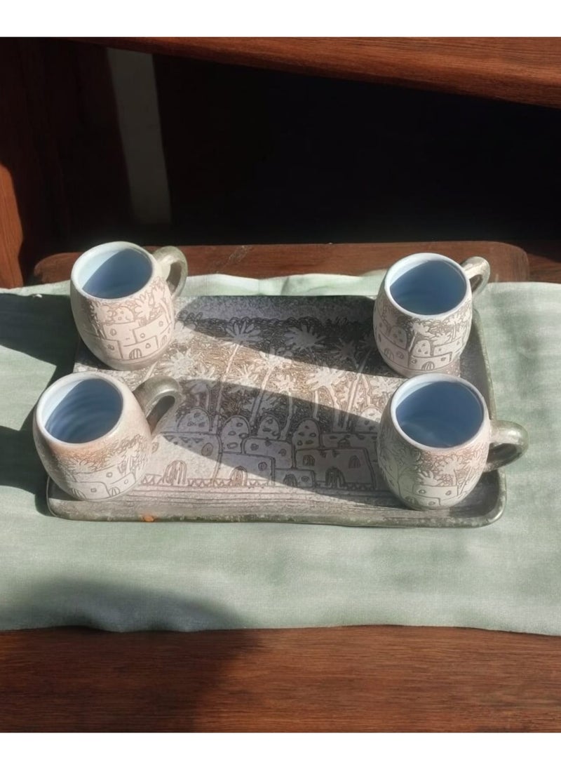 Unique Pottery Tray with 4 Mugs - Hand-Engraved and Painted | Microwave and Oven Safe | Distinctive Decorative and Serving Piece (22x35 cm)